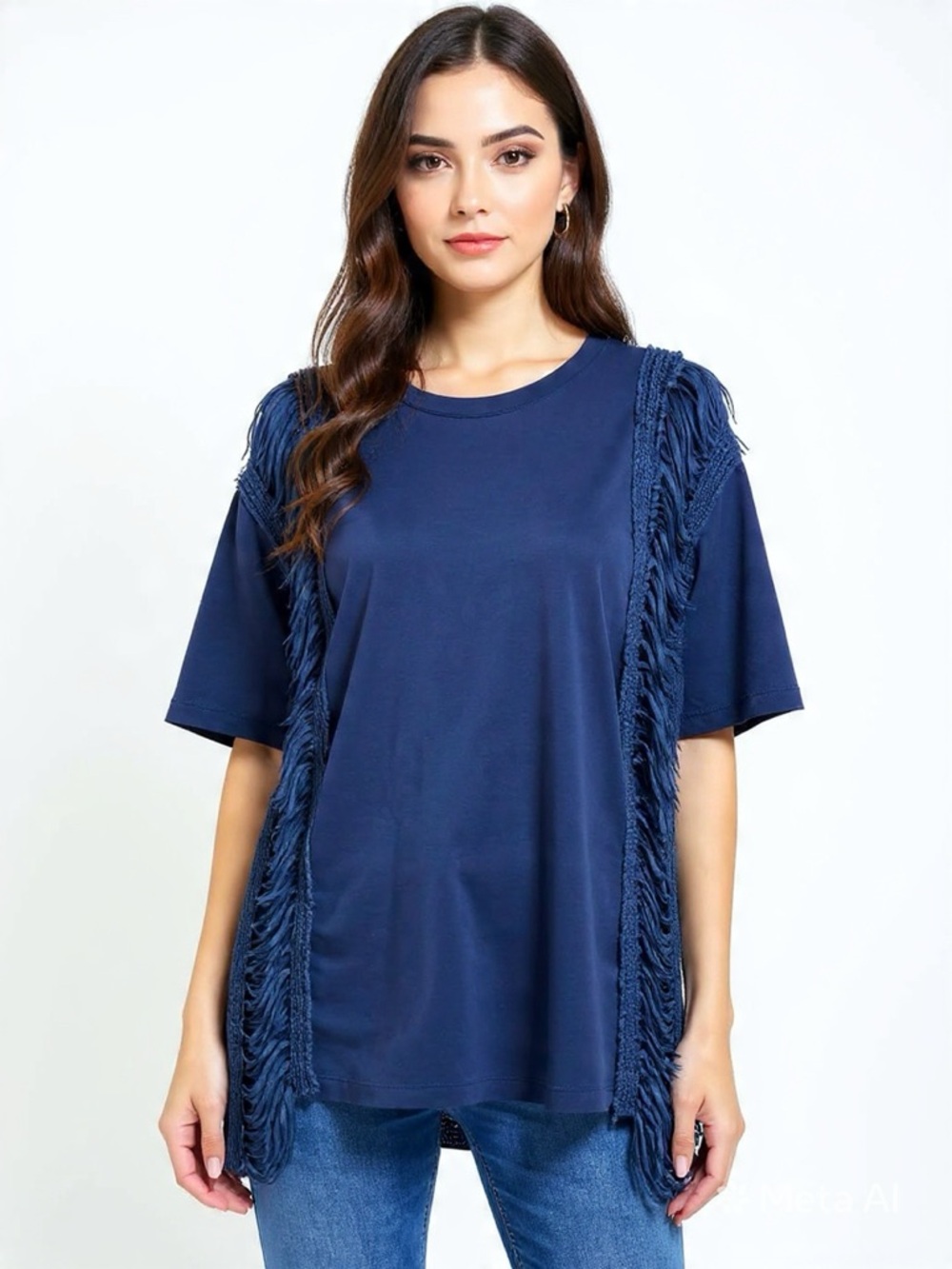 Moon River Navy Short Sleeve Fringe Trim Tee